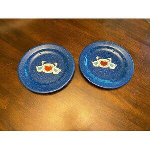 VTG 2 Enamelware 10" Dinner Plates Camping Duck Print Blue Farm